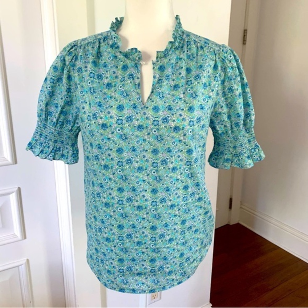 J. Crew Liberty Fabric Ruffle Trim Short Sleeve Blue Floral